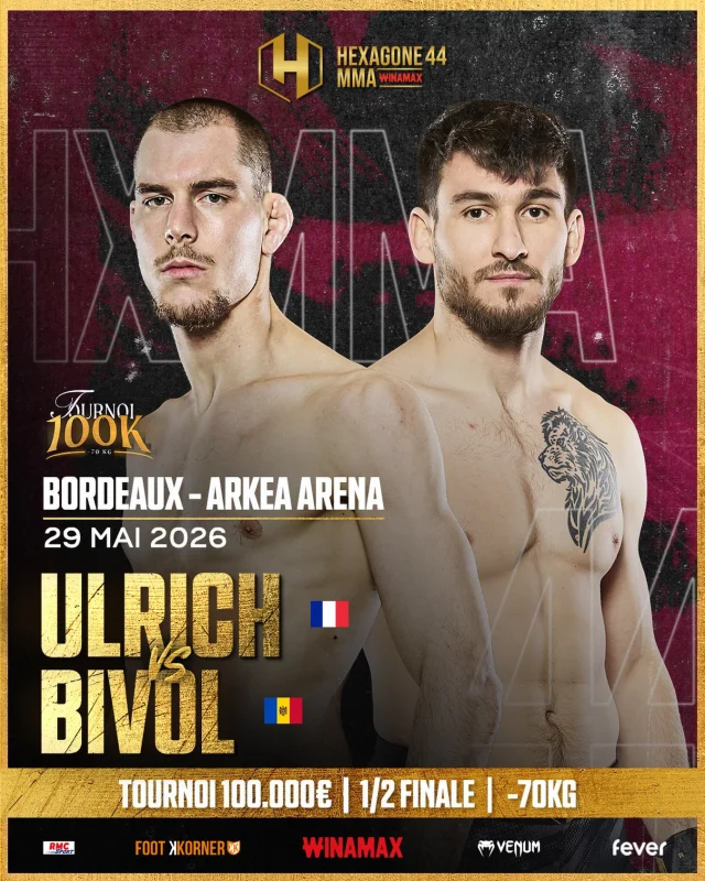 🚨 𝐔𝐍 𝐂𝐑𝐀𝐂𝐊 𝐀𝐔 𝐑𝐄́𝐕𝐄́𝐋𝐀𝐓𝐄𝐔𝐑 𝐃𝐄 𝐋𝐀 𝐃𝐄𝐌𝐈-𝐅𝐈𝐍𝐀𝐋𝐄 𝐄𝐗𝐏𝐋𝐎𝐒𝐈𝐕𝐄 𝐃𝐔 𝐓𝐎𝐔𝐑𝐍𝐎𝐈 -𝟕𝟎 𝐊𝐆 𝐀̀ 𝟏𝟎𝟎.𝟎𝟎𝟎 € 𝐀̀ 𝐁𝐎𝐑𝐃𝐄𝐀𝐔𝐗 𝐃𝐄𝐕𝐀𝐍𝐓 𝟔 𝟓𝟎𝟎 𝐏𝐄𝐑𝐒𝐎𝐍𝐍𝐄𝐒 !

Le 29 mai 2026, l’Arkéa Arena de Bordeaux accueillera l’un des plus beaux combats de l’histoire d’Hexagone MMA, la ligue qui monte en Europe. 👊

🥊 🇫🇷 Théo Ulrich vs Nicolae Bivol 🇲🇩

Tout le monde parle de Théo Ulrich (25 ans), énorme espoir invaincu du MMA français (7-0).
C’est l’heure du TEST ULTIME face au Moldave Nicolae Bivol, ancien challenger au titre HEXAGONE MMA des -70 kg et l’un des combattants les plus solides du moment, qui reste sur une victoire retentissante à l’Hexagone Paris en janvier.

Une demi-finale d’élite du tournoi à 100.000 € des -70 kg, avec une place en finale en jeu face à un autre Français : Wilson Varela ou Davy Gallon. 🔥

🎟 La billetterie est ouverte ! Prenez vite vos places !
(lien de la billetterie en bio du profil @hexagonemmafr)

🥊 HEXAGONE MMA 44
📍 Arkéa Arena de Bordeaux
📅 29 mai 2026
📺 En direct sur RMC SPORT

📲 Suivez @hexagonemmafr pour plonger au cœur de l’action HEXAGONE MMA !

#HEXAGONEMMA #MMA #HXMMA #FrenchMMAleague #Bordeaux