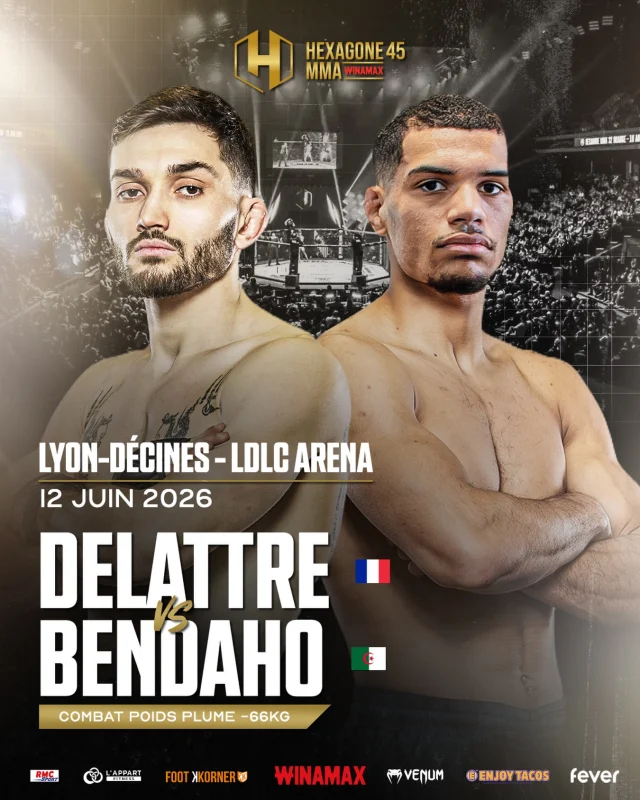 Guillaume Delattre (4-2) 🇫🇷 vs Malik Bendaho (4-1) 🇩🇿

Le 12 juin 2026 à la LDLC Arena de Lyon devant 12.000 personnes pour HEXAGONE MMA 45. 🔥

Le lyonnais Guillaume Delattre veut relancer sa dynamique devant son public, tandis que Malik Bendaho arrive lancé avec une série de 3 victoires consécutives. 👊

Un affrontement qui rejoint une carte déjà exceptionnelle, sur la même soirée que le choc #PaulDenaVsAnzor. 💥

🎟️ Prenez vite vos places pour vivre une expérience incroyable à Lyon ! (Lien en bio du profil)

#HEXAGONEMMA #MMA #Lyon #SportFrance
